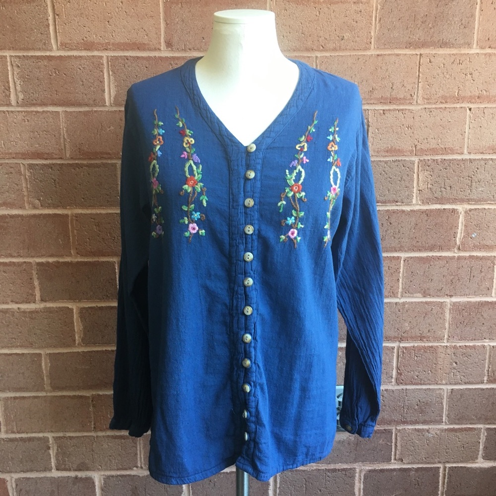 Embroidered Designs Blue Cotton Button Down Blouse